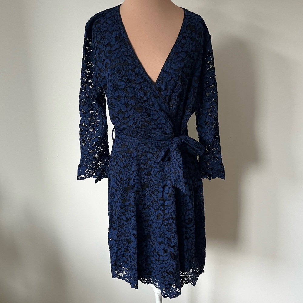 Hale Bob Floral Lace Black Blue V-Neck Cotton Blend Faux Wrap Dress EUC Size M